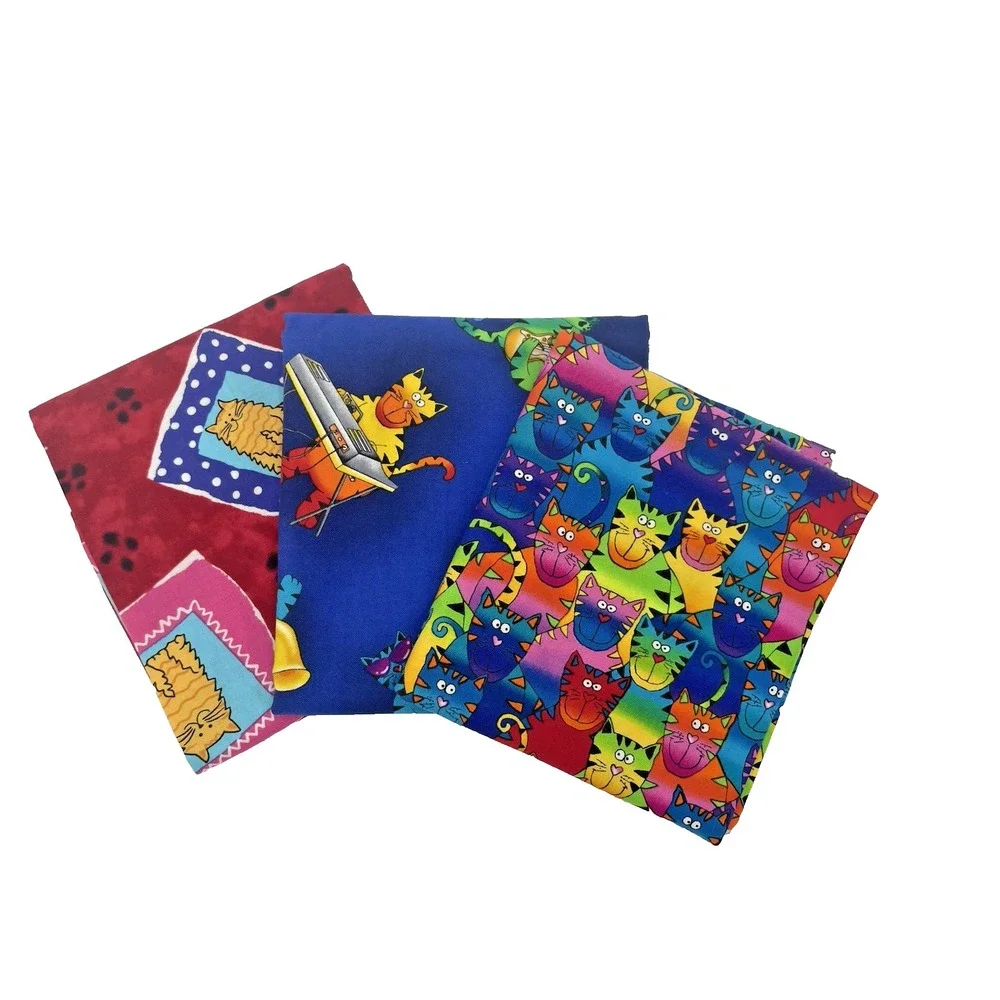 ⚜️Lot of‎ 3 Half Yds Colorful Cats Cotton Quilt Craft Fabrics 1.5 yds Total